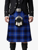 Person wearing a blue plaid kilt with a sporran on a white background