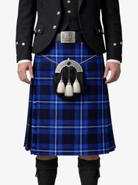 Person wearing a blue plaid kilt with a sporran on a white background