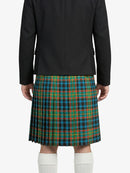 Person wearing a black jacket and plaid kilt on a white background