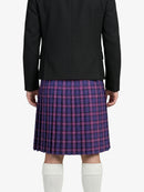 Person wearing a black jacket and plaid kilt on a white background