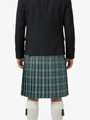 Person wearing a black jacket and green plaid kilt on a white background