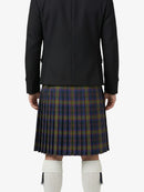 Person wearing a black jacket and plaid kilt on a white background