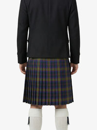 Person wearing a black jacket and plaid kilt on a white background