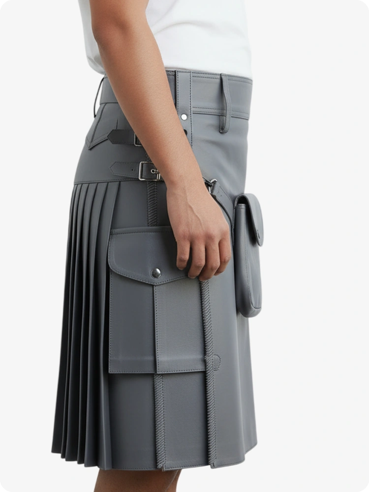 Kilt in pelle pieghettato grigio con passanti cintura e cinghie laterali