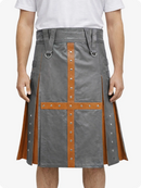 Gray kilt with brown accents worn by a person on a white background