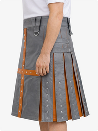 Gray kilt with brown accents worn by a person on a white background