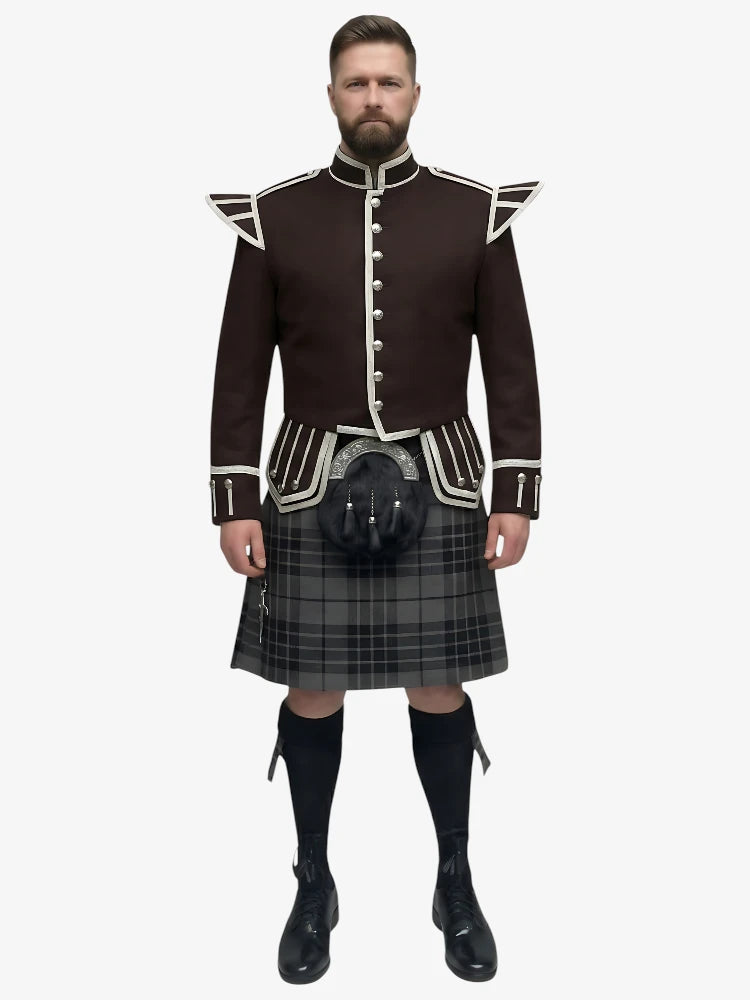 Completo Kilt Doublet Tartan Grey Watch con Giacca Marrone Scuro