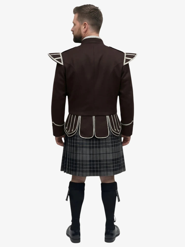 Completo Kilt Doublet Tartan Grey Watch con Giacca Marrone Scuro