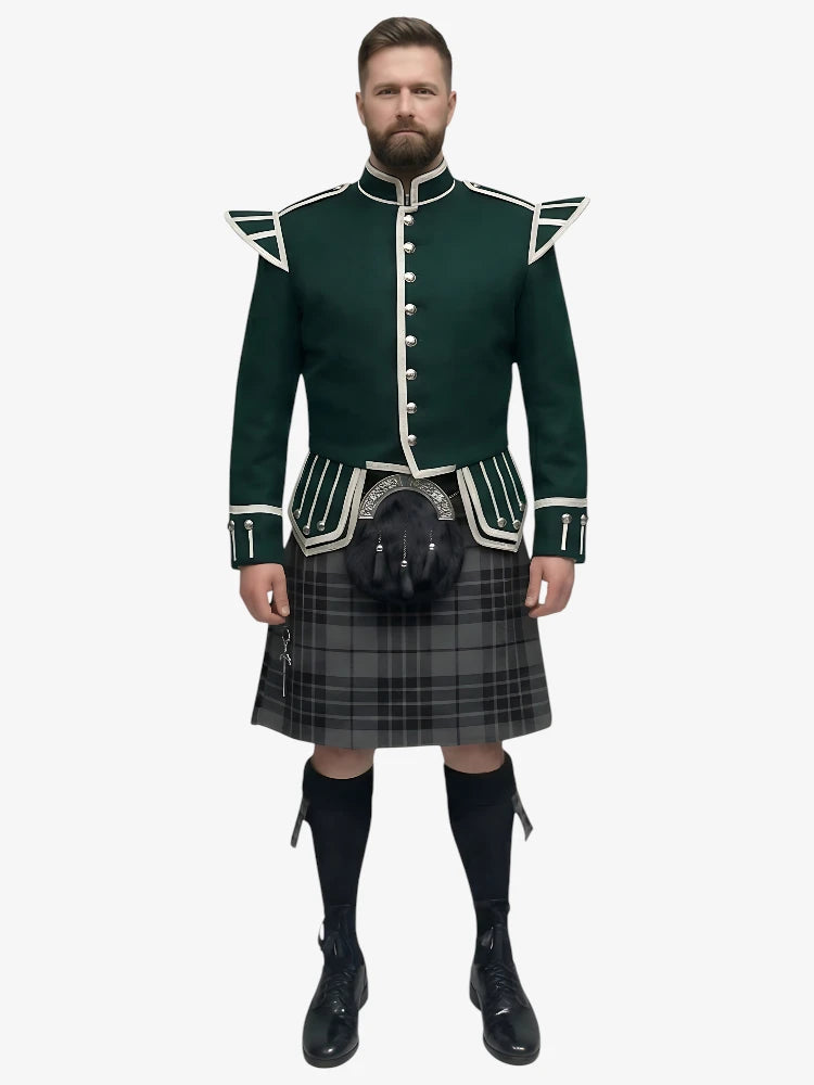 Completo Kilt Doublet Tartan Grey Watch con Giacca Verde Scuro