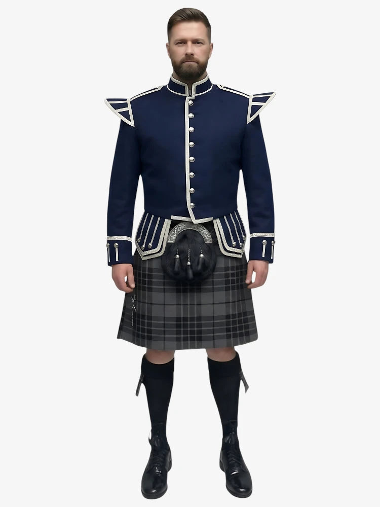 Completo Kilt Doublet in Tartan Grey Watch con Giacca Blu Navy