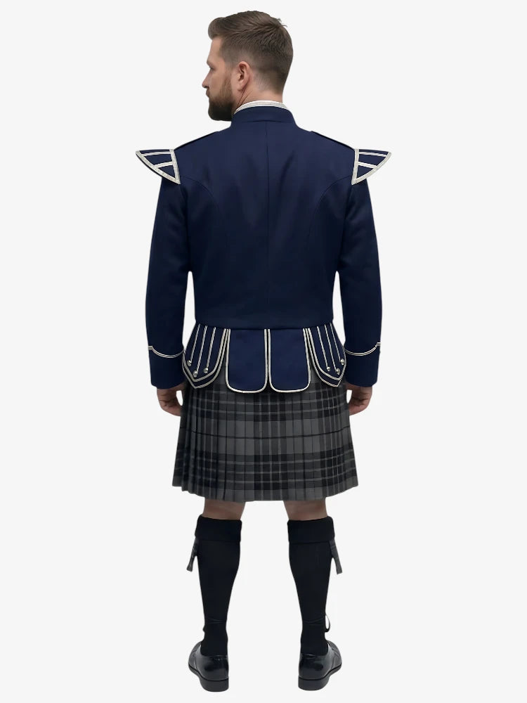 Completo Kilt Doublet in Tartan Grey Watch con Giacca Blu Navy