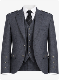 Gray suit with jacket, waistcoat, and tie on a white background