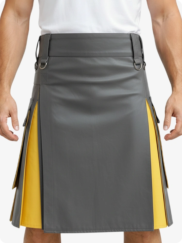 Kilt in pelle grigio e giallo con tasche cargo