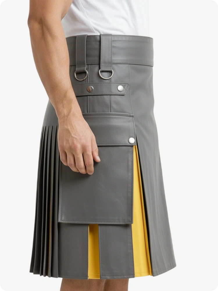 Kilt in pelle grigio e giallo con tasche cargo