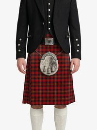 Person wearing a red tartan kilt with a black jacket on a white background