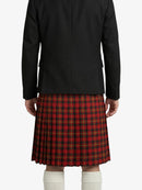 Person wearing a black jacket and red plaid kilt on a white background