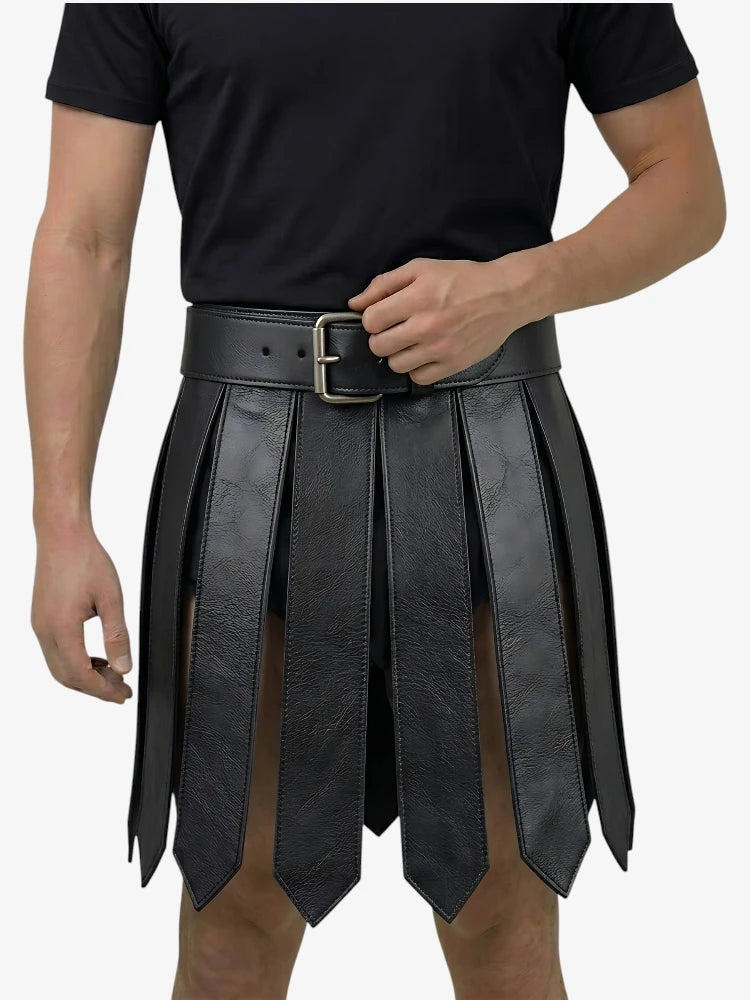 Kilt in Pelle Nera Gladiatore Fatto a Mano