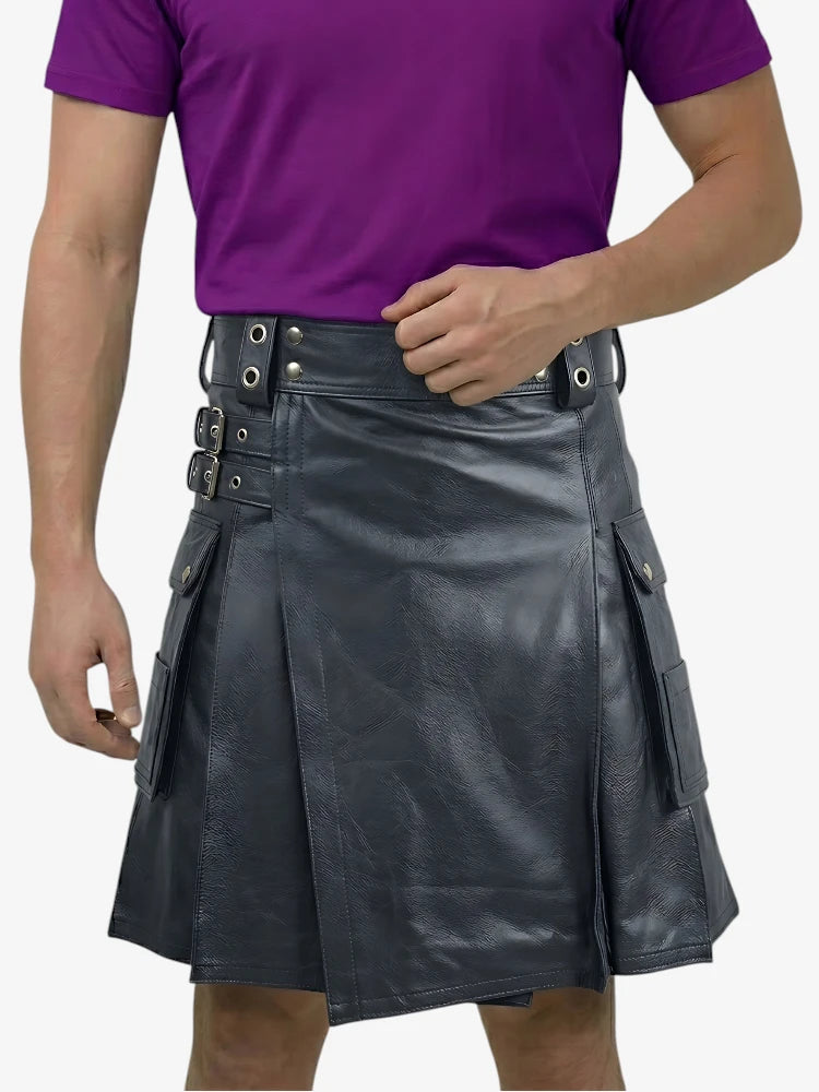 Kilt in pelle nera lucida fatto a mano