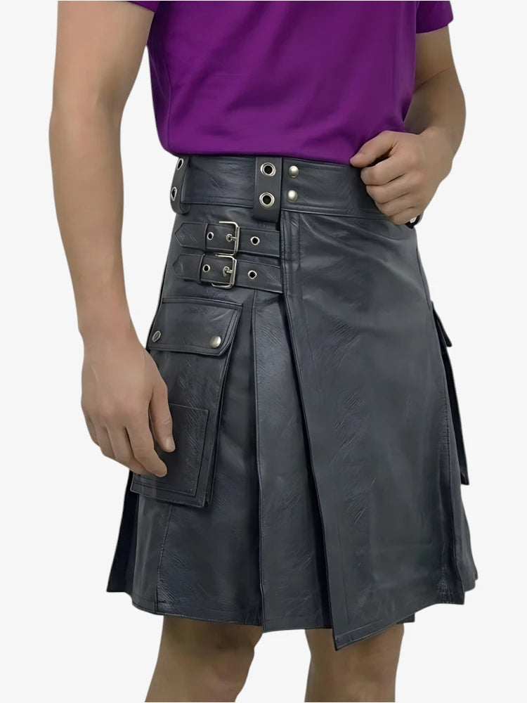 Kilt in pelle nera lucida fatto a mano
