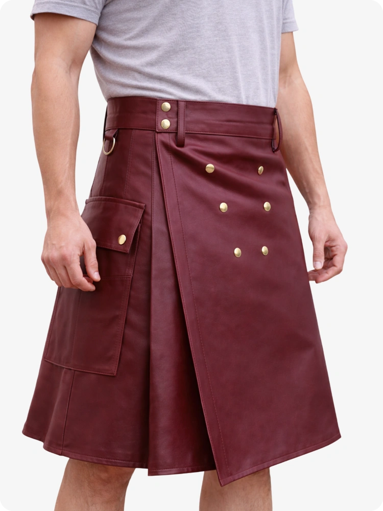 Handcrafted Burgundy Leather Utility Kilt with Front Button Rivets