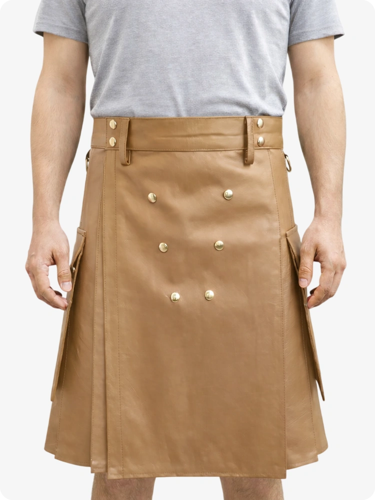 Handcrafted Camel Leather Utility Kilt with Front Button Rivets