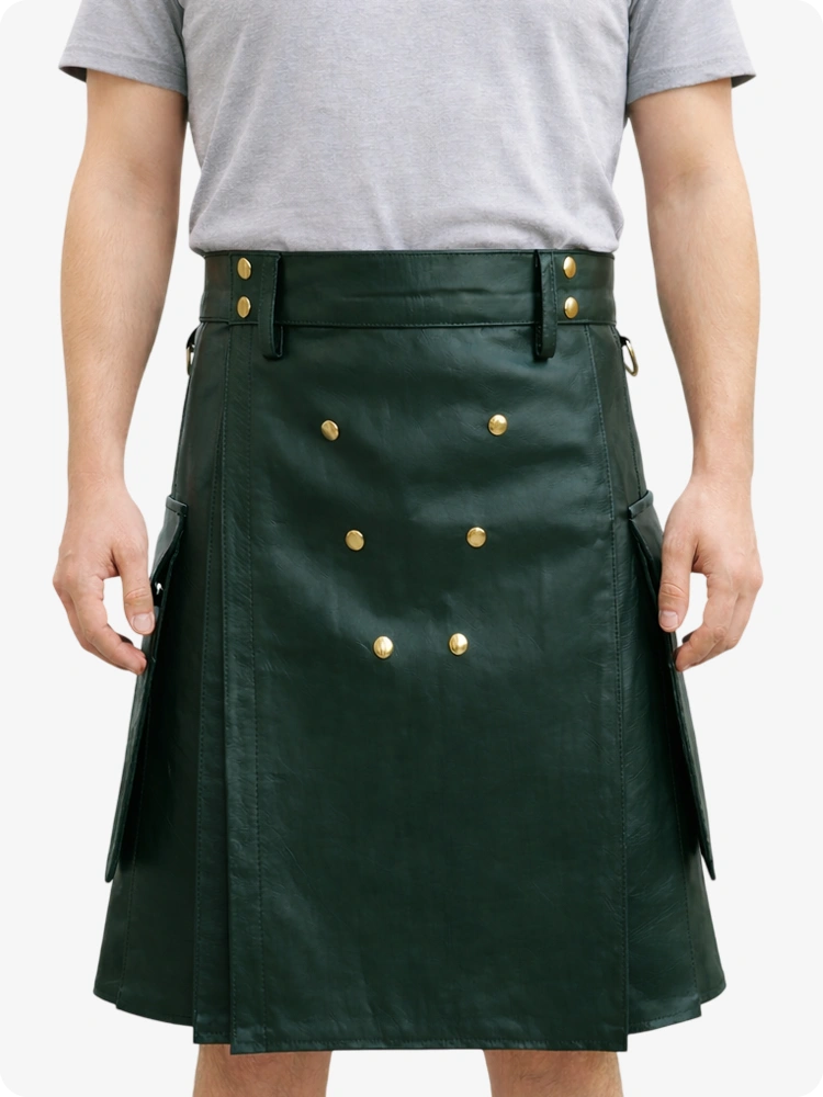 Handcrafted Dark Green Leather Utility Kilt with Front Button Rivets