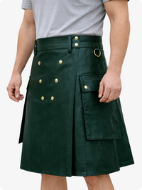 Left Side View Of Dark Green kilt with gold buttons worn by a person on a white background