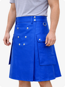 Handcrafted Electric Blue Leather Utility Kilt with Front Button Rivets