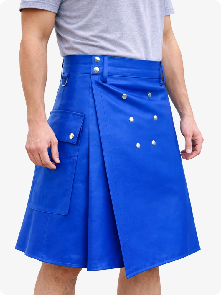 Handcrafted Electric Blue Leather Utility Kilt with Front Button Rivets