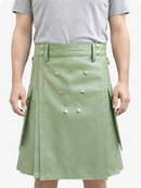 Handcrafted Light Green Leather Utility Kilt with Front Button Rivets