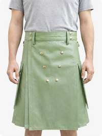 Handcrafted Light Green Leather Utility Kilt with Front Button Rivets