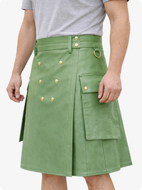 Handcrafted Light Green Leather Utility Kilt with Front Button Rivets