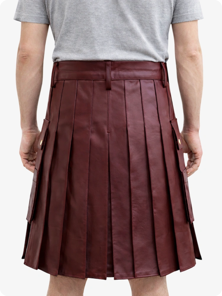 Handcrafted Maroon Leather Utility Kilt with Front Button Rivets