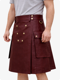 Handcrafted Maroon Leather Utility Kilt with Front Button Rivets