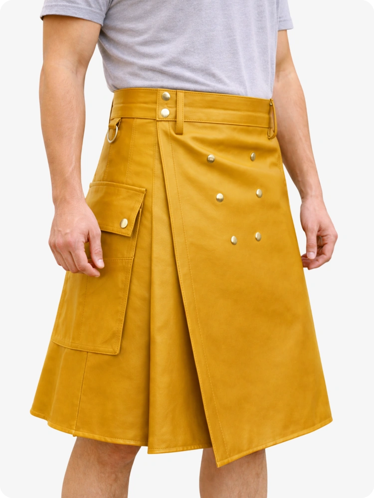Handcrafted Mustard Yellow Leather Utility Kilt with Front Button Rivets