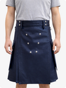 Handcrafted Navy Blue Leather Utility Kilt with Front Button Rivets