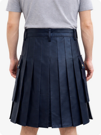 Handcrafted Navy Blue Leather Utility Kilt with Front Button Rivets