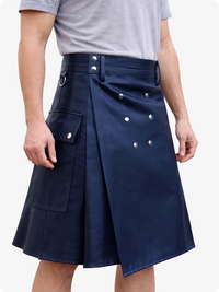Handcrafted Navy Blue Leather Utility Kilt with Front Button Rivets