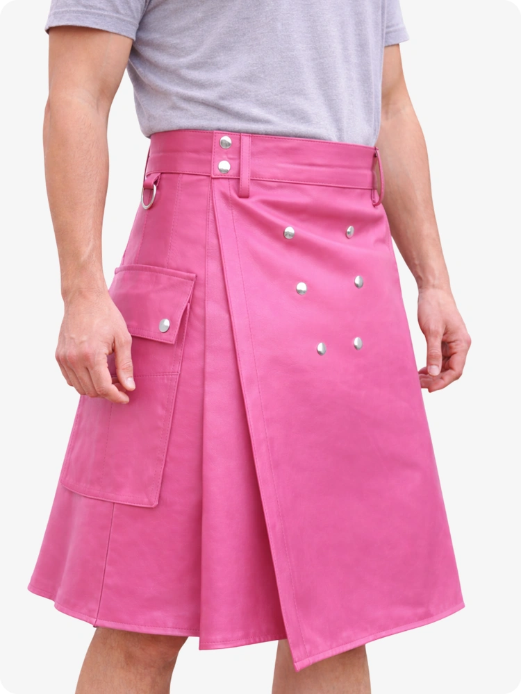 Handcrafted Pink Leather Utility Kilt with Front Button Rivets 