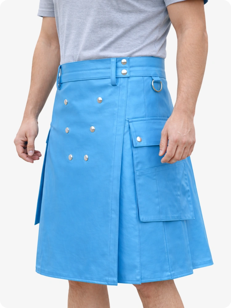Handcrafted Sky Blue Leather Utility Kilt with Front Button Rivets