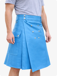 Handcrafted Sky Blue Leather Utility Kilt with Front Button Rivets