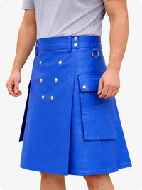 Handcrafted Standard Blue Leather Utility Kilt with Front Button Rivets