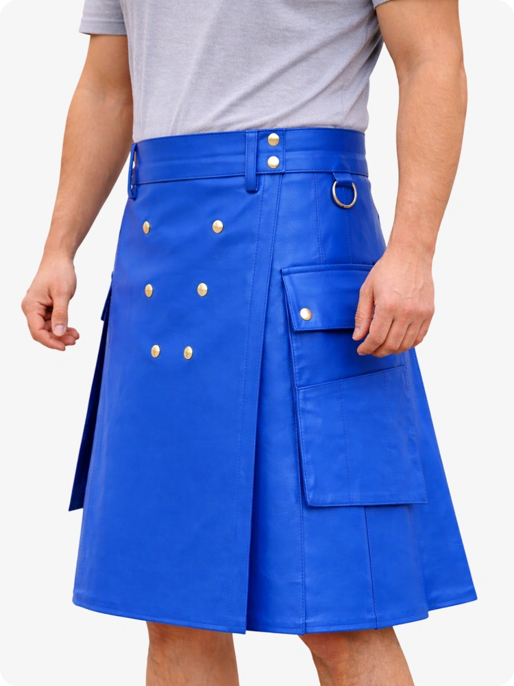 Handcrafted Standard Blue Leather Utility Kilt with Front Button Rivets