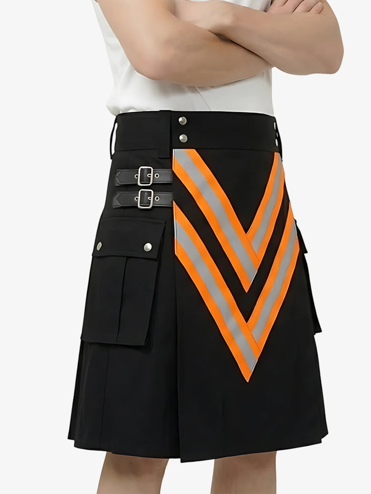 Kilt Vigile del Fuoco Nero Fatto a Mano con Cinghie Rosse