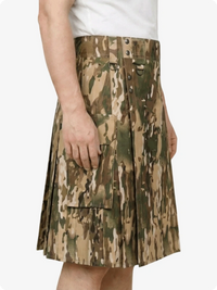 Camouflage skirt worn by a person on a white background