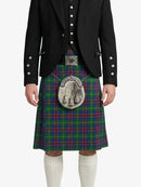 Person wearing a black jacket and green plaid kilt with a silver sporran on a white background
