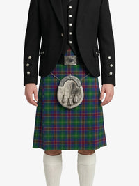 Person wearing a black jacket and green plaid kilt with a silver sporran on a white background