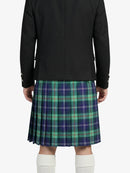 Person wearing a black jacket and green plaid kilt on a white background