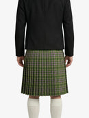 Person wearing a black jacket and green plaid kilt on a white background