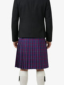 Person wearing a black jacket and red plaid kilt on a white background